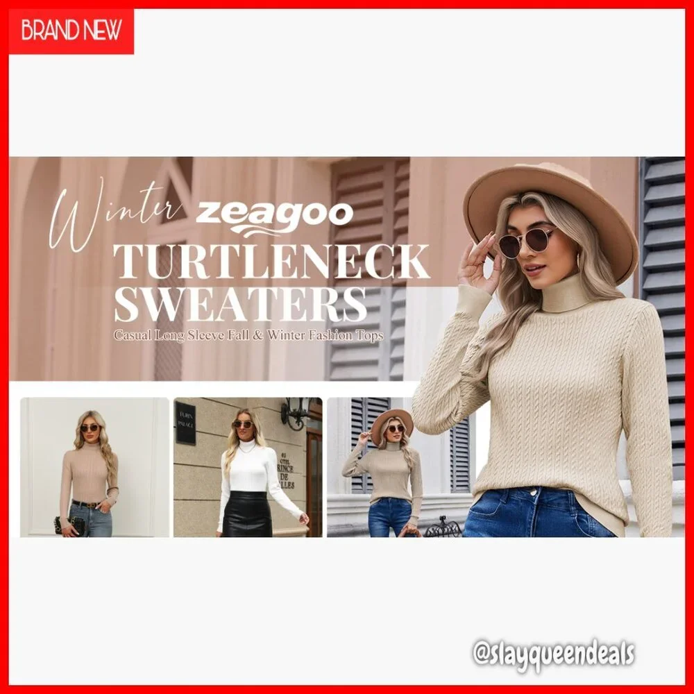 Turtleneck Cable Knit Pullover Sweater Long Sleeve Slim Fit Fall Winter